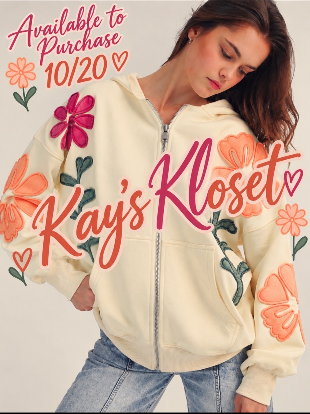 BF93–(ETA 10/20) 🤍🧡🩷Cream Floral Teddy Zip Hoodie